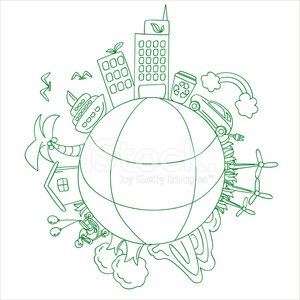 Green line-art illustration of a globe surrounded by eco-friendly symbols including wind turbines, solar panels, electric cars, and green buildings.