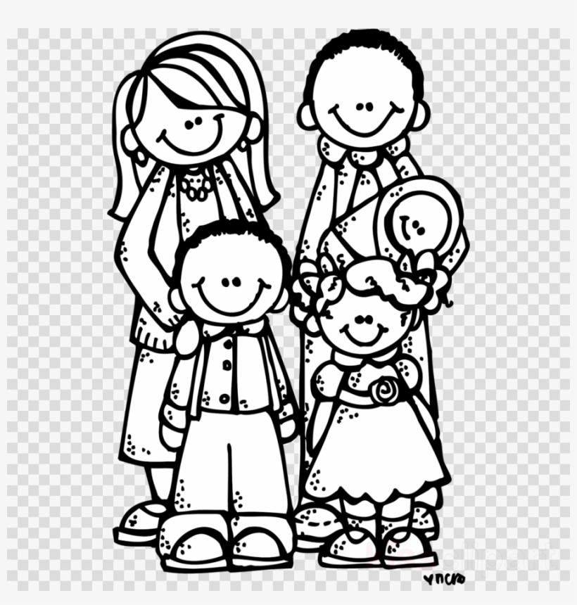 Black-and-white line drawing of a smiling family of five: two adults and three children, including a baby.