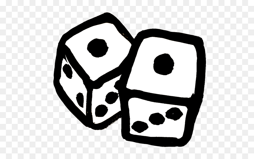 Hand-drawn black-and-white illustration of two dice showing 1 and 4, with bold outlines and a playful sketch style.