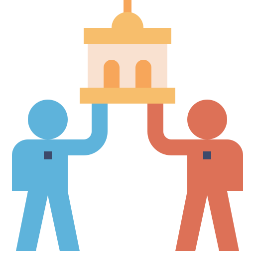 Two stylized figures-one blue, one red-jointly lifting a classical building structure, symbolizing collaboration and support.