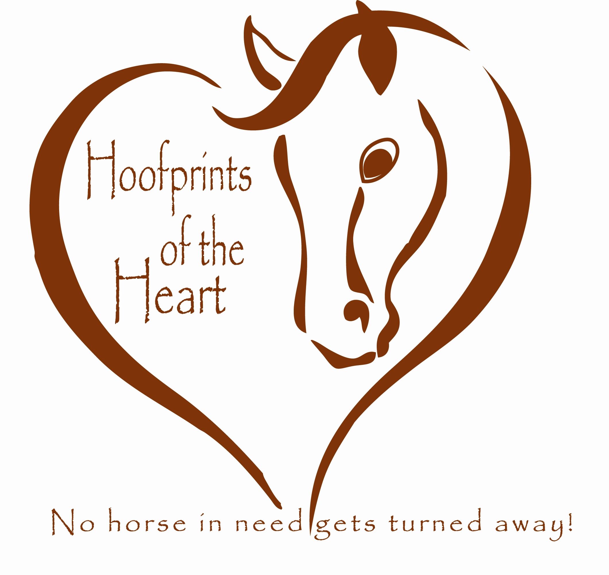 Heart-shaped logo with horse head silhouette and text "Hoofprints of the Heart" and "No horse in need gets turned away!"