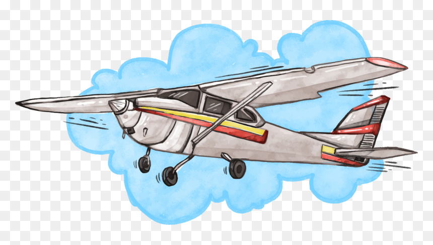 Hand-drawn illustration of a small single-engine propeller plane flying through blue clouds with motion lines.