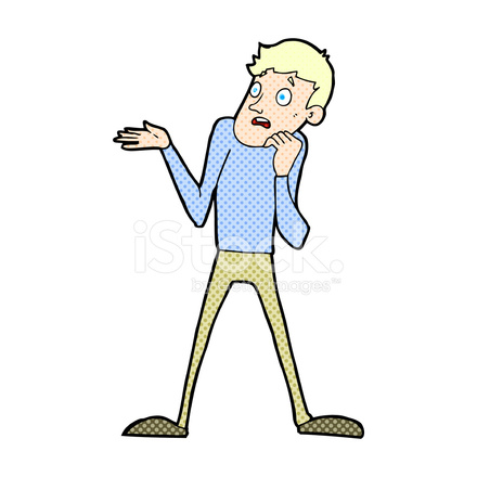 Cartoon man with blond hair, wide eyes, and open mouth looking confused or surprised, one hand raised, the other near his chin.