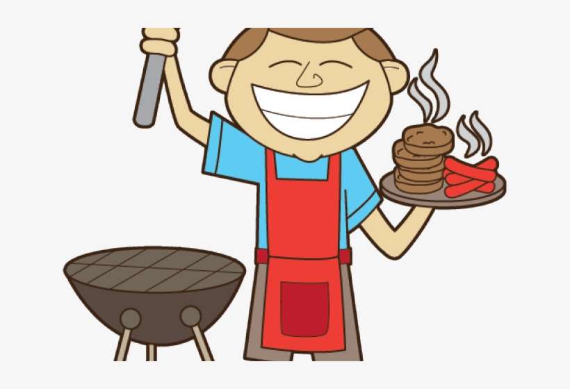 Happy cartoon man in red apron grilling burgers and hot dogs, holding tongs and a steaming plate beside a charcoal grill.