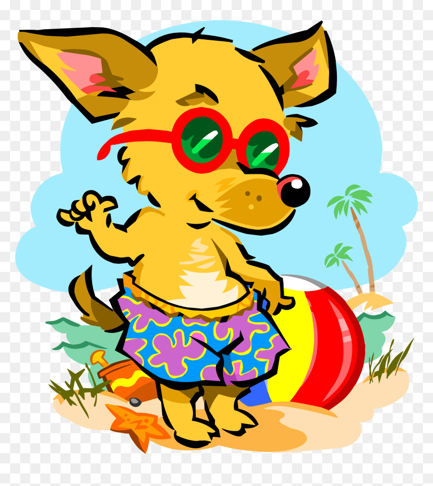 A cheerful cartoon chihuahua in sunglasses and swim trunks on a tropical beach with a beach ball and palm trees.