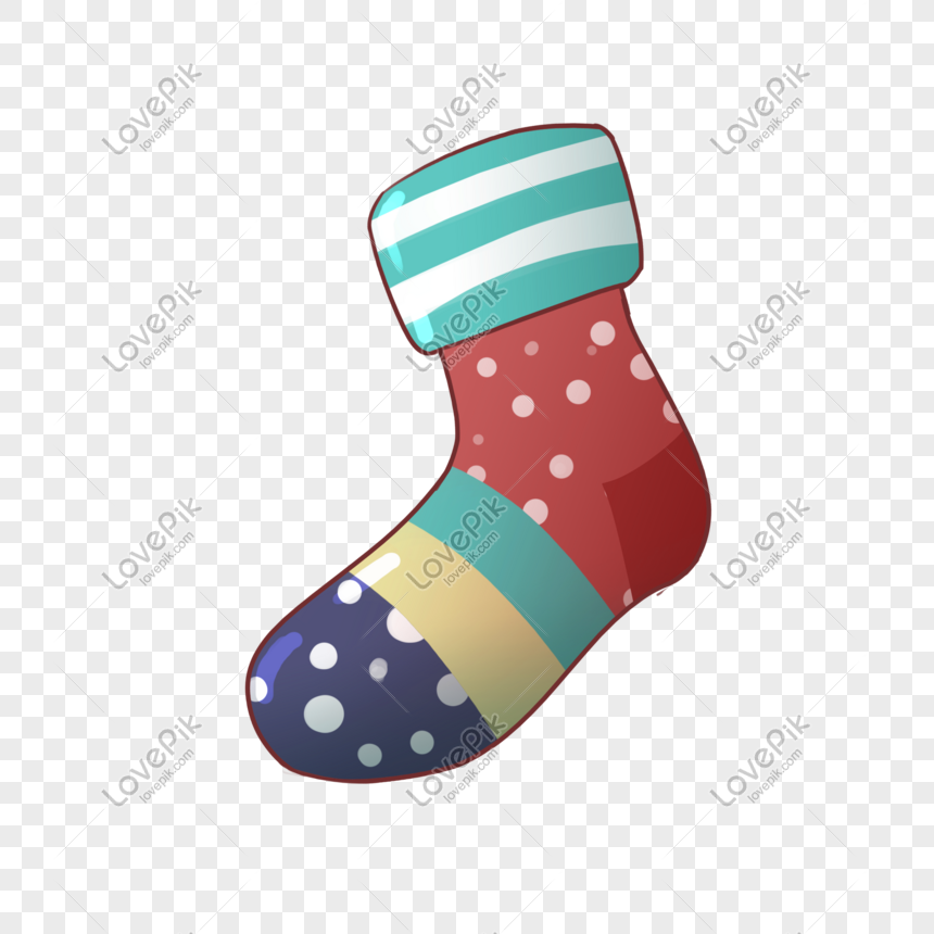 Colorful festive Christmas stocking with striped and polka-dot patterns on transparent background.