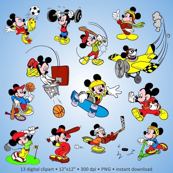 Mickey Mouse in 13 dynamic sports and action poses-soccer, basketball, baseball, golf, skateboarding, flying, and more.