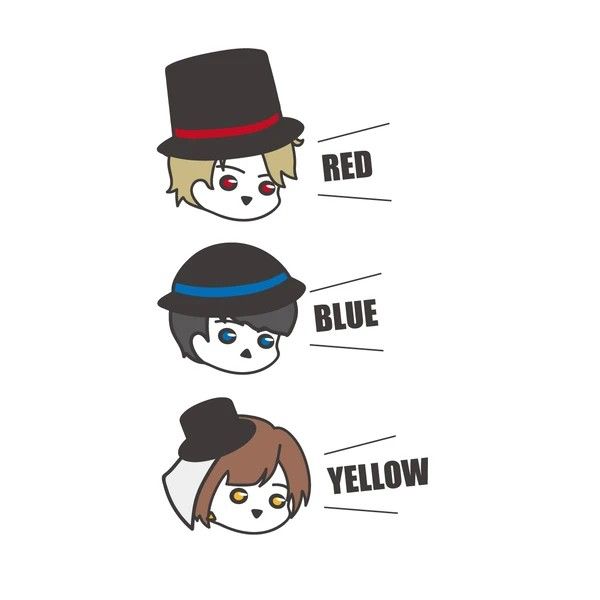 Three chibi-style characters wearing top hats in red, blue, and yellow color themes with labeled text.