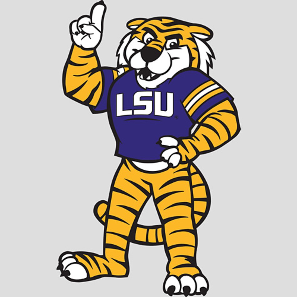 LSU Tigers mascot in purple jersey pointing upward with confident pose.
