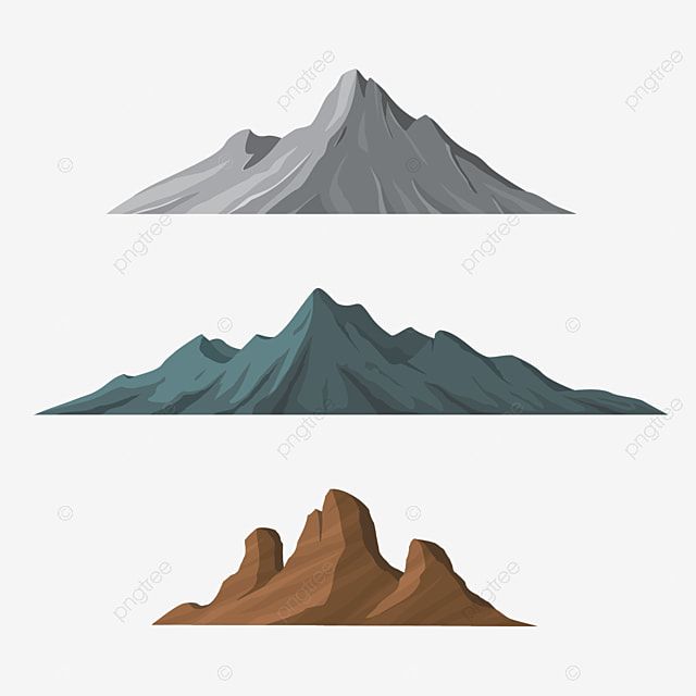 Three stylized mountain illustrations: gray snow-capped peak, teal rugged range, and brown desert buttes.