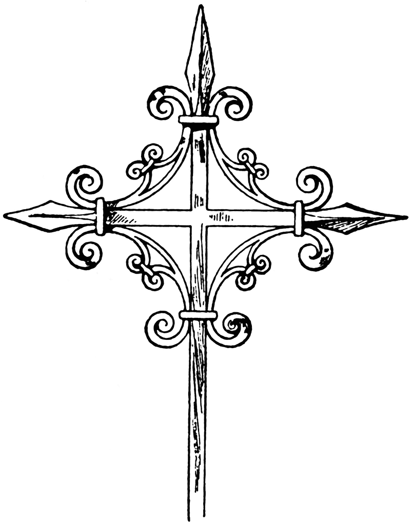 Ornate Gothic-style iron cross with fleur-de-lis finial and scrollwork arms ending in spear points.