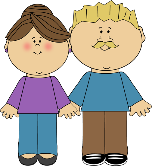 Cartoon illustration of a smiling couple holding hands-woman with brown hair in bun, purple shirt; man with blond spiky hair and mustache, blue shirt.