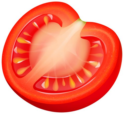 Cross-section of a ripe red tomato showing juicy flesh, seeds, and gel sacs.