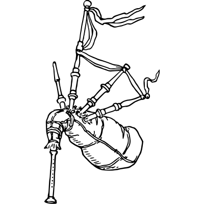 Black-and-white line drawing of a traditional bagpipe with chanter, drones, and bag, set against a green background.
