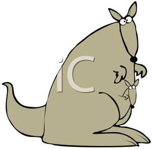 Cartoon kangaroo sitting with joey peeking from its pouch, smiling and friendly.