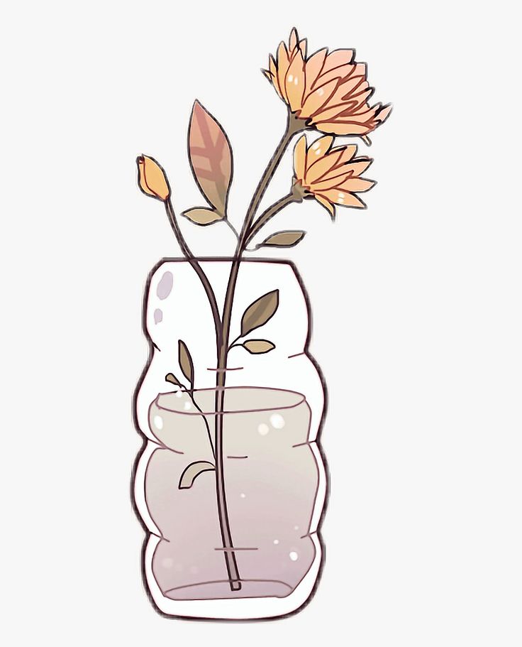 Delicate peach-colored flowers in a wavy glass vase with water and leaves, illustrated in soft pastel style.