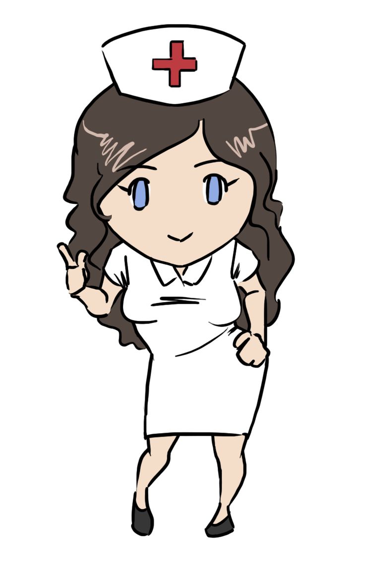Chibi-style cartoon nurse with white uniform, red-cross cap, and friendly gesture.