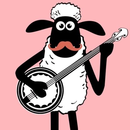Cartoon sheep with mustache playing a banjo against pink background.