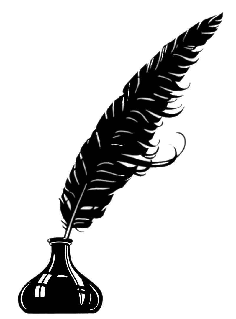 Black quill pen dipped in an inkwell, stylized illustration on green background.