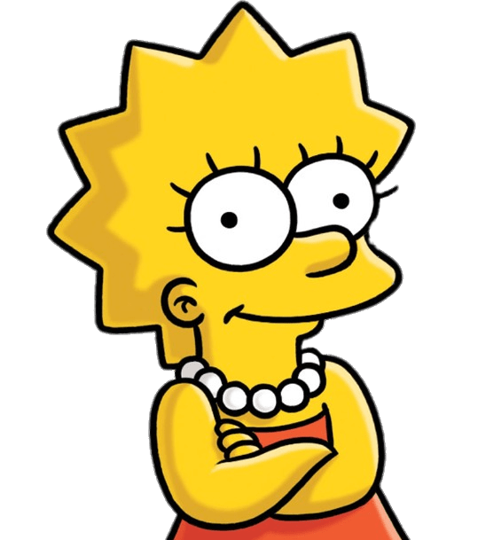 Lisa Simpson with arms crossed, wearing a pearl necklace and red dress, smirking confidently.
