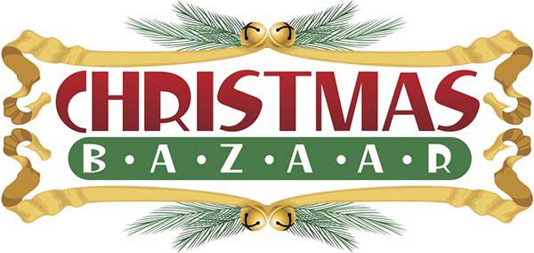 Festive "Christmas Bazaar" logo with red and green text, golden ribbons, pine branches, and jingle bells.