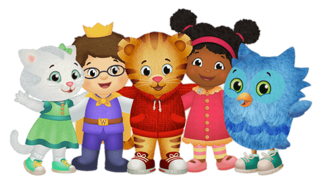Five friendly animated characters from Daniel Tiger’s Neighborhood standing together smiling.