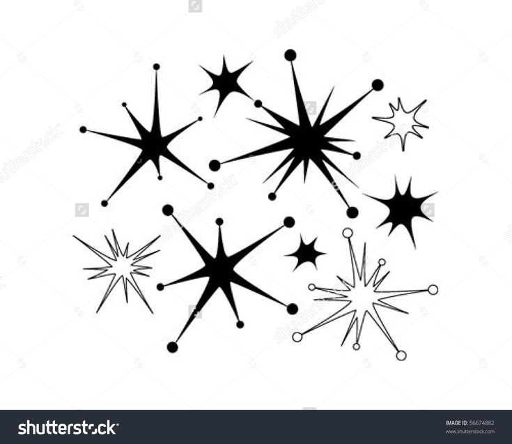 Black and white retro starburst graphics in various sizes and styles, ideal for vintage design projects.