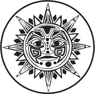 Stylized sun with anthropomorphic face and geometric rays in black-and-white tribal art style.