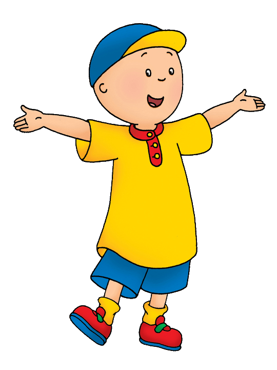 Caillou, a cheerful animated boy in a yellow shirt, blue shorts, and cap, with arms outstretched smiling.