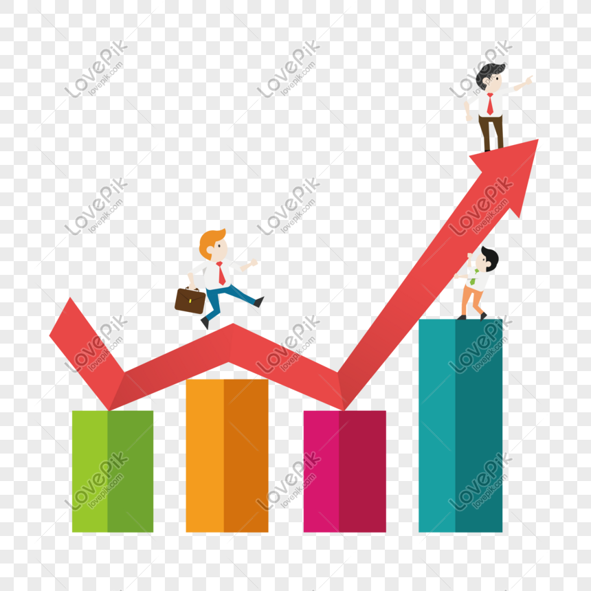 Business professionals climbing a rising red arrow over colorful bar chart, symbolizing growth and success.