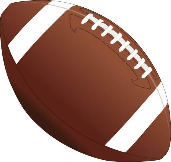 Brown American football with white stripes and laces, shown at an angle on white background.