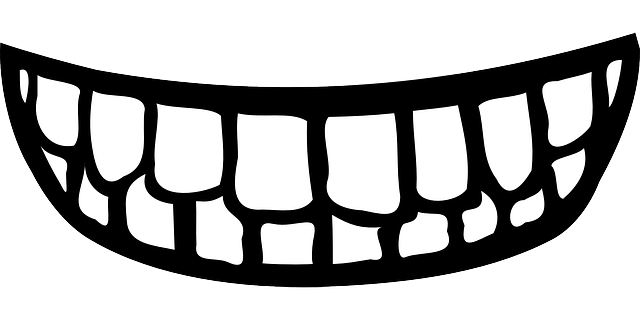 Stylized cartoon illustration of a wide, toothy grin with white teeth against a green background.
