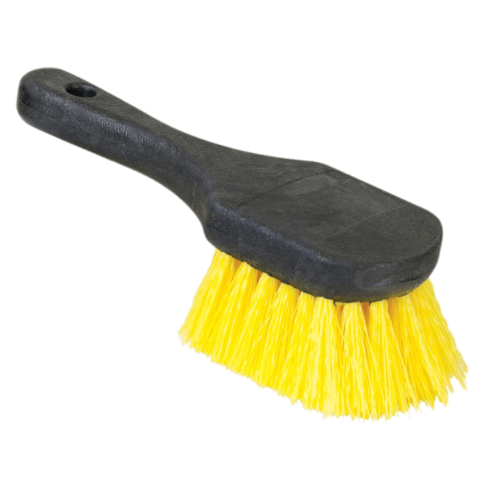 Black-handled scrub brush with bright yellow bristles, ideal for heavy-duty cleaning tasks.