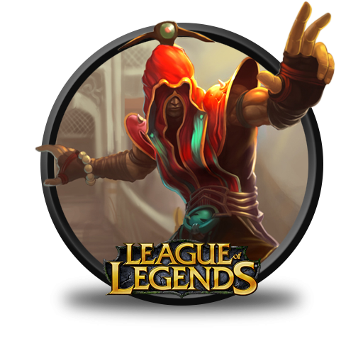 A hooded mage in red and teal robes casting a spell, framed in a circular emblem with the League of Legends logo below.