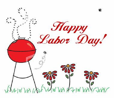 Red charcoal grill with smoke, three flowers, and "Happy Labor Day!" text on white background.