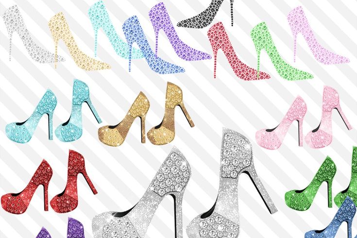 Colorful high-heeled shoes adorned with rhinestones and glitter, arranged on a striped background.