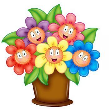 Cheerful cartoon flowers with smiling faces in a brown pot, surrounded by green leaves.