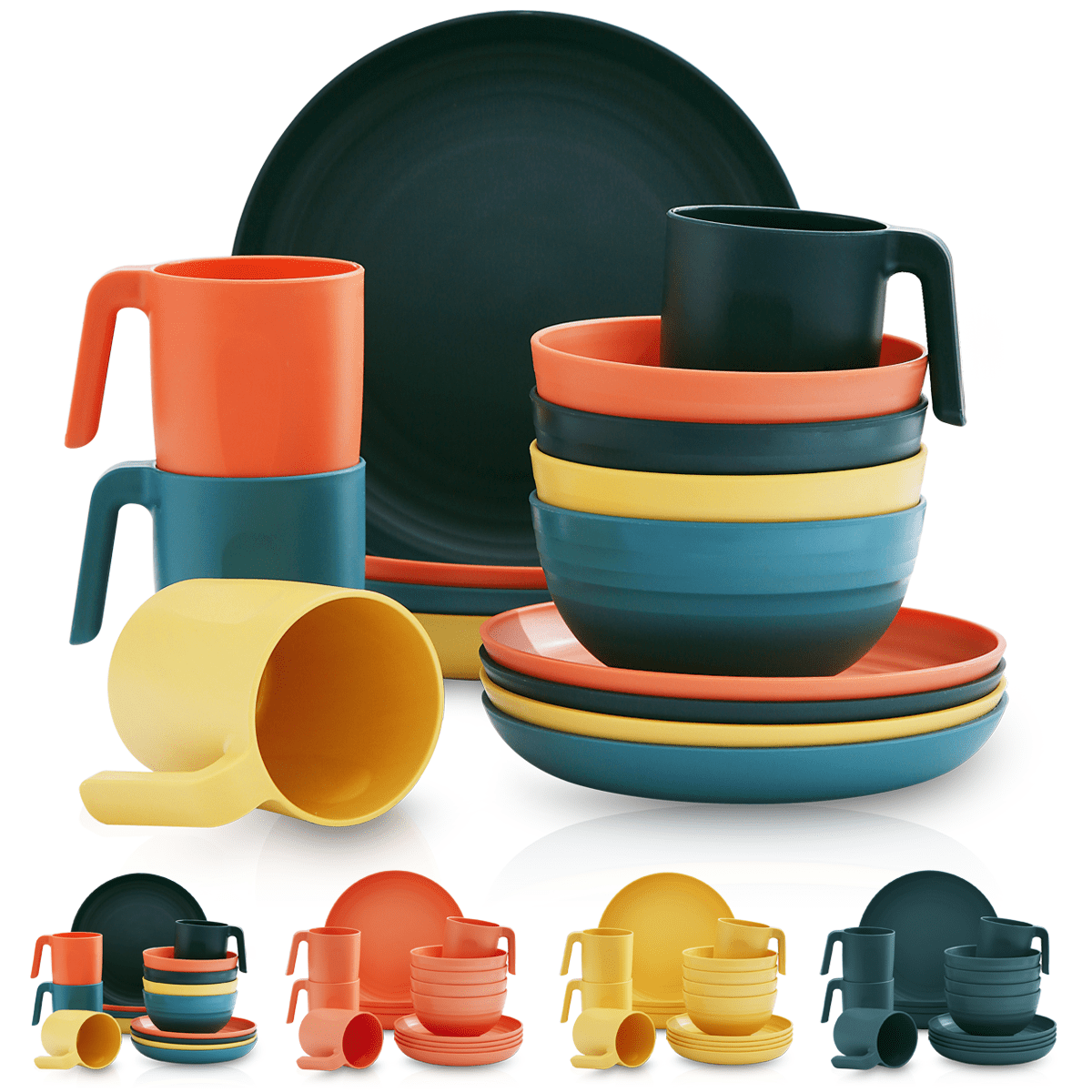 Vibrant 24-piece melamine dinnerware set in orange, teal, yellow, and black-stacked plates, bowls, and mugs for modern dining.