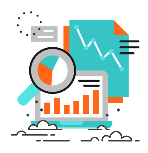 Magnifying glass over pie chart, laptop with bar graph, and line chart on document-data analytics visualization.