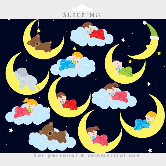 Sleeping Babies & Animals Clipart - Nighttime Dream Illustration