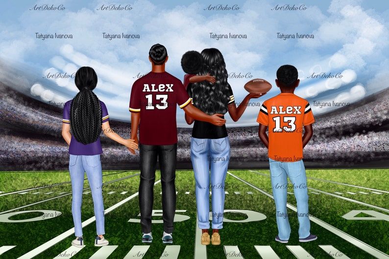 A Black family of five stands together on a football field, wearing custom jerseys with "ALEX 13", holding a football, viewed from behind.