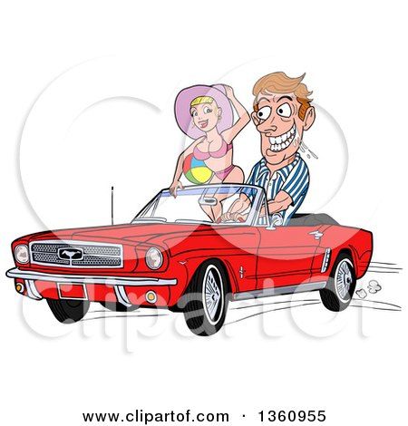 Cartoon man driving red classic convertible with smiling woman in bikini waving from passenger seat.