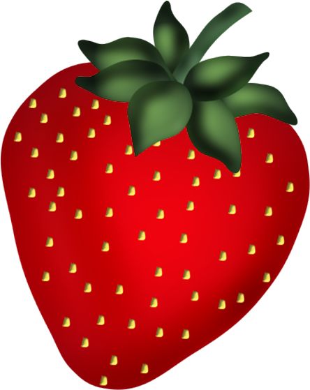 Vibrant red strawberry with green leafy cap and yellow seeds, illustrated in clean vector style.
