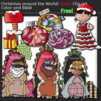 Spanish Christmas clip art set featuring traditional figures, foods, and symbols in color and black & white.