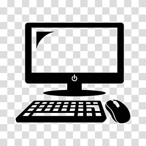 Black-and-white icon of a desktop computer with monitor, keyboard, and mouse on transparent background.