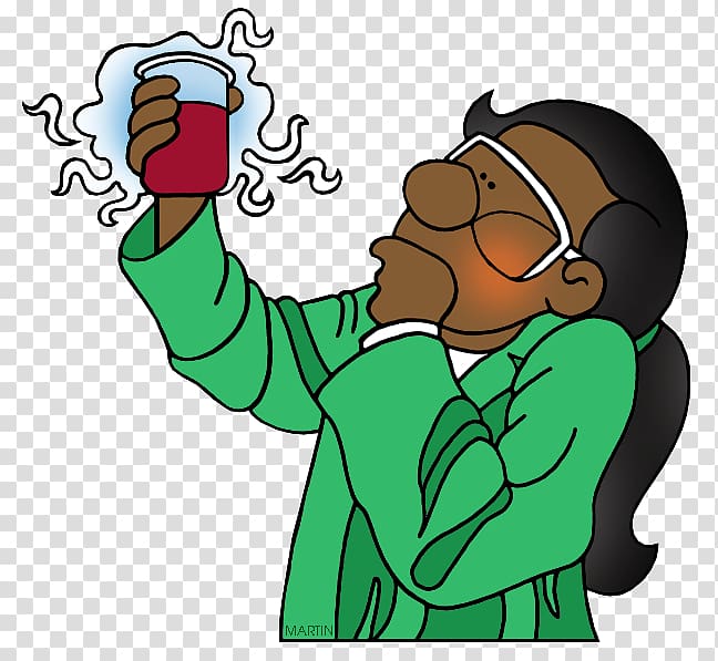 A young Black scientist in a green lab coat and safety goggles examines a steaming red liquid in a beaker.
