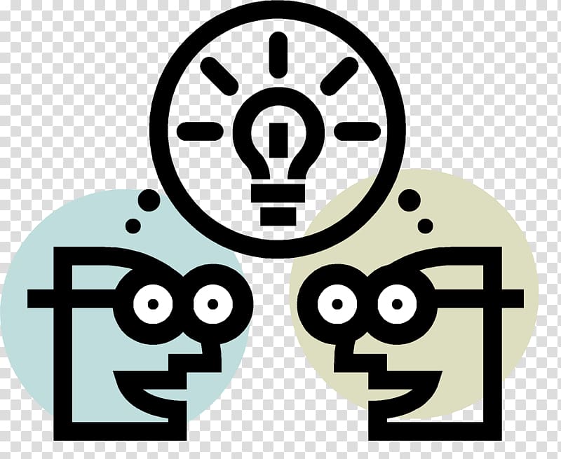 Two stylized people with thought bubbles converging on a shared lightbulb symbolizing collaborative idea generation.