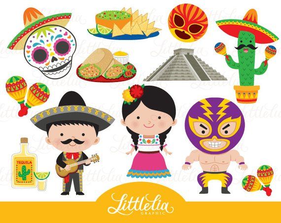 Colorful Mexican cultural icons including sugar skull, sombrero, mariachi, luchador, cactus, tacos, tequila, maracas, and pyramid.