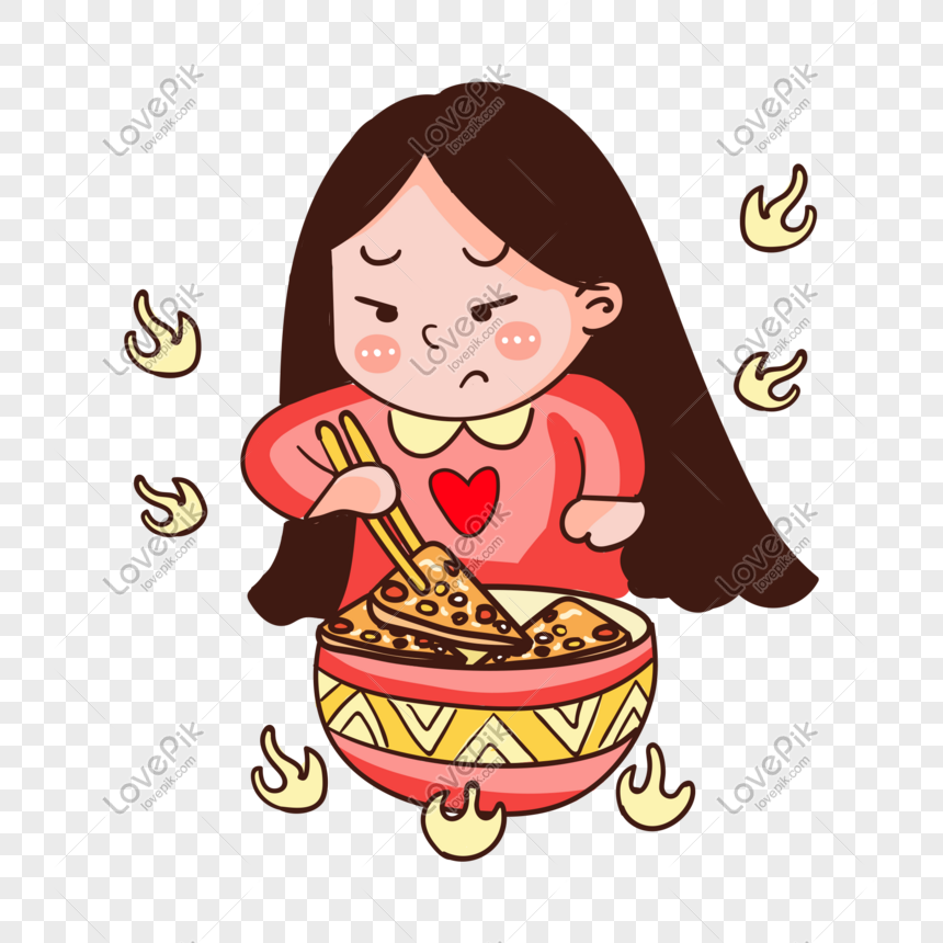 A cartoon girl with long brown hair eating spicy noodles from a large bowl, surrounded by flame icons indicating heat.