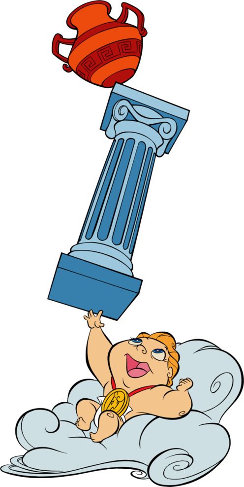 A cartoon baby with golden hair and a medal lies on clouds, lifting a Greek column topped with an orange amphora.